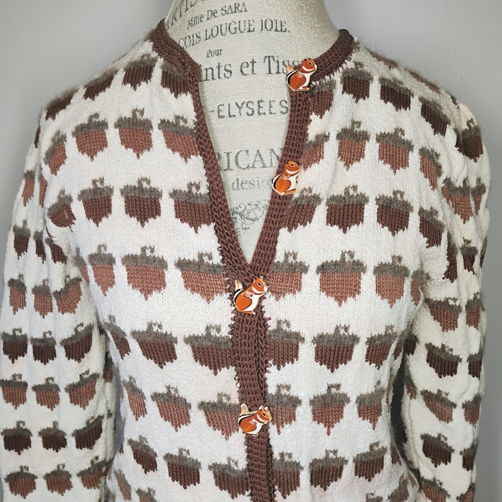 Vintage Dia North of Boston Cardigan Sweater Womens Small Acorn Squirrel Fall - Picture 2 of 15